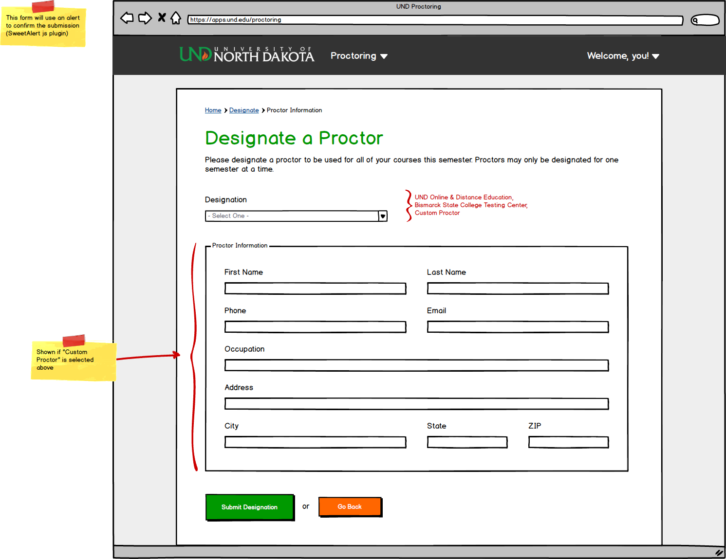 University of North Dakota Proctoring Mockup for Designating a Proctor