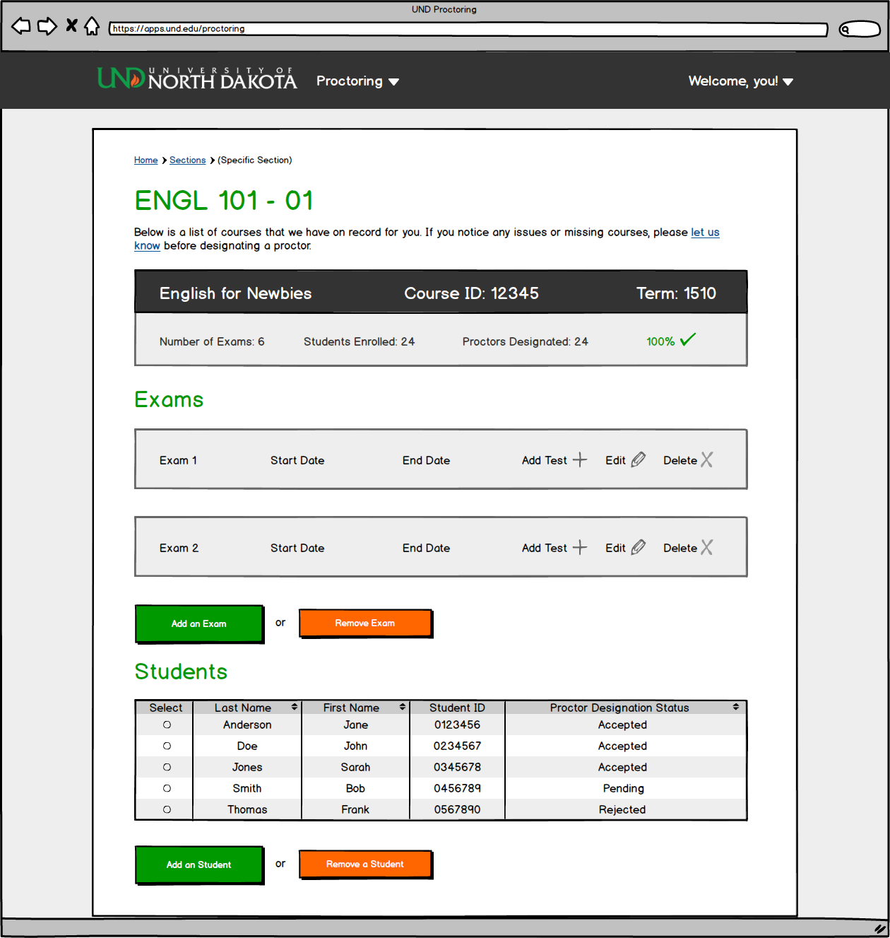University of North Dakota Proctoring Mockup for Section View