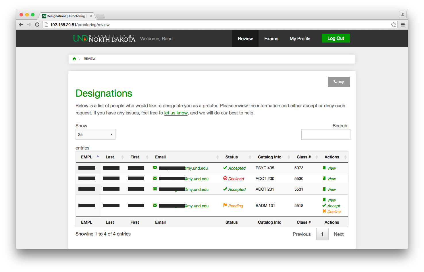 University of North Dakota Proctoring View Designations as a Proctor Screenshot