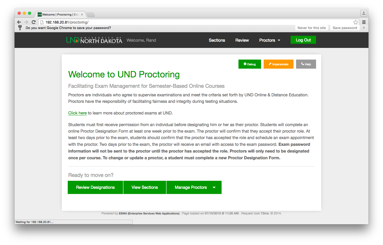 University of North Dakota Proctoring Home Screenshot